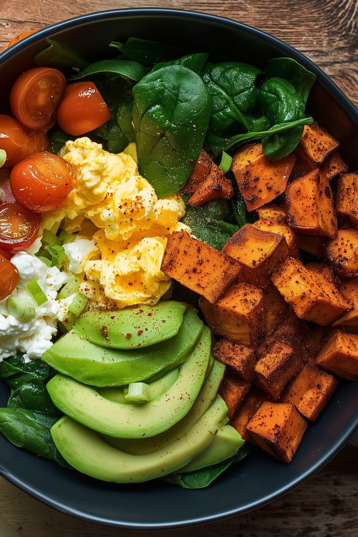 Close-up breakfast sweet potato protein bowl with roasted sweet potatoes, scrambled eggs, cottage cheese, spinach, cherry tomatoes, avocado slices, and green onions in a black bowl.