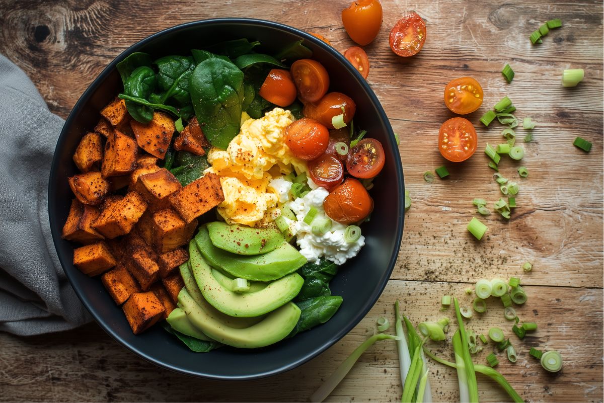 Breakfast sweet potato protein bowl with roasted sweet potatoes, scrambled eggs, cottage cheese, spinach, cherry tomatoes, avocado, and green onions in a black bowl on a rustic wood table.