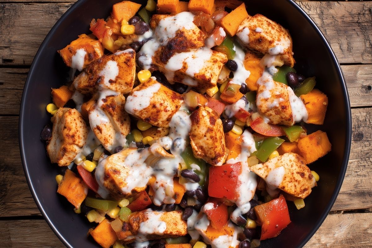 Cajun chicken sweet potato bowl with black beans, corn, red and green bell peppers, onions, and creamy Cajun yogurt sauce in a matte black bowl on rustic wood.
