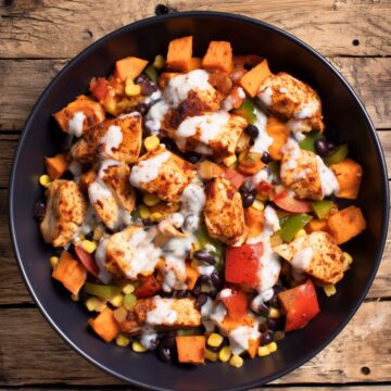 Cajun chicken sweet potato bowl with roasted chicken, sweet potatoes, black beans, corn, red and green bell peppers, and creamy Cajun yogurt sauce in a black bowl on rustic wood.