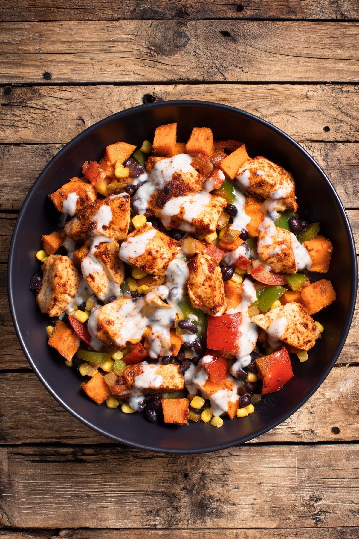 Cajun chicken sweet potato bowl with roasted chicken, sweet potatoes, black beans, corn, red and green bell peppers, and creamy Cajun yogurt sauce in a black bowl on rustic wood.