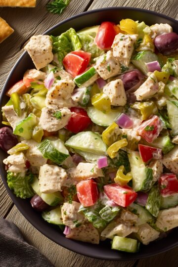 Chicken grinder chopped salad with diced chicken, romaine lettuce, cucumber, tomatoes, red onion, banana peppers, olives, and creamy dressing in a black bowl on a rustic wood table.