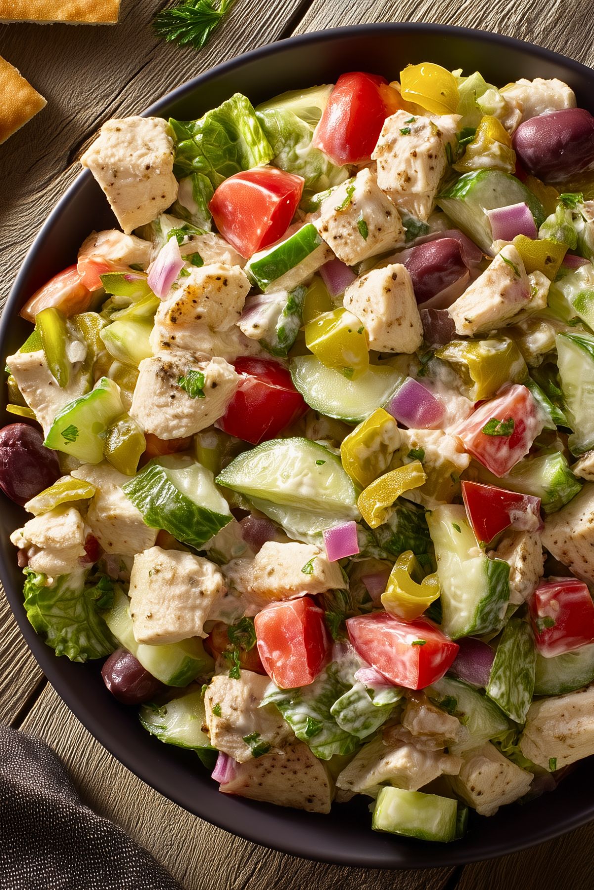 Chicken grinder chopped salad with diced chicken, romaine lettuce, cucumber, tomatoes, red onion, banana peppers, olives, and creamy dressing in a black bowl on a rustic wood table.