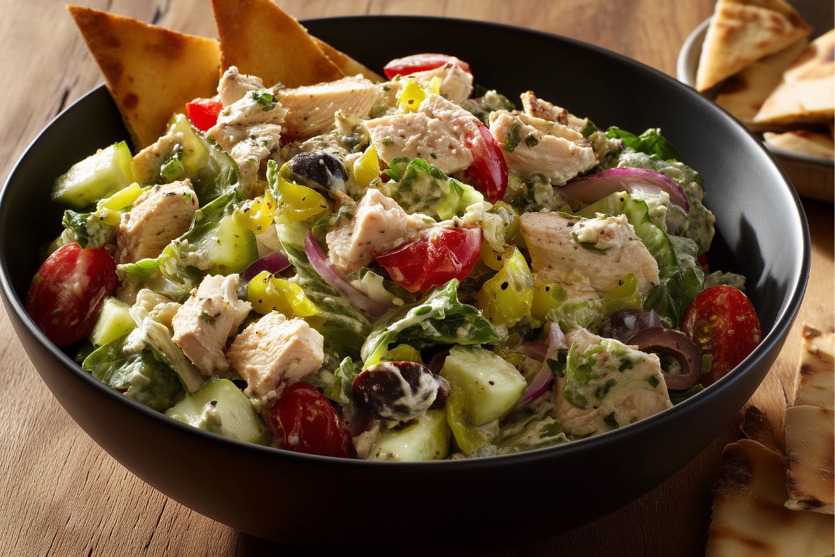 Chicken grinder chopped salad with chicken, romaine lettuce, cucumber, cherry tomatoes, red onion, banana peppers, black olives, creamy dressing, and crisp pita chips in a black bowl on a wood table.