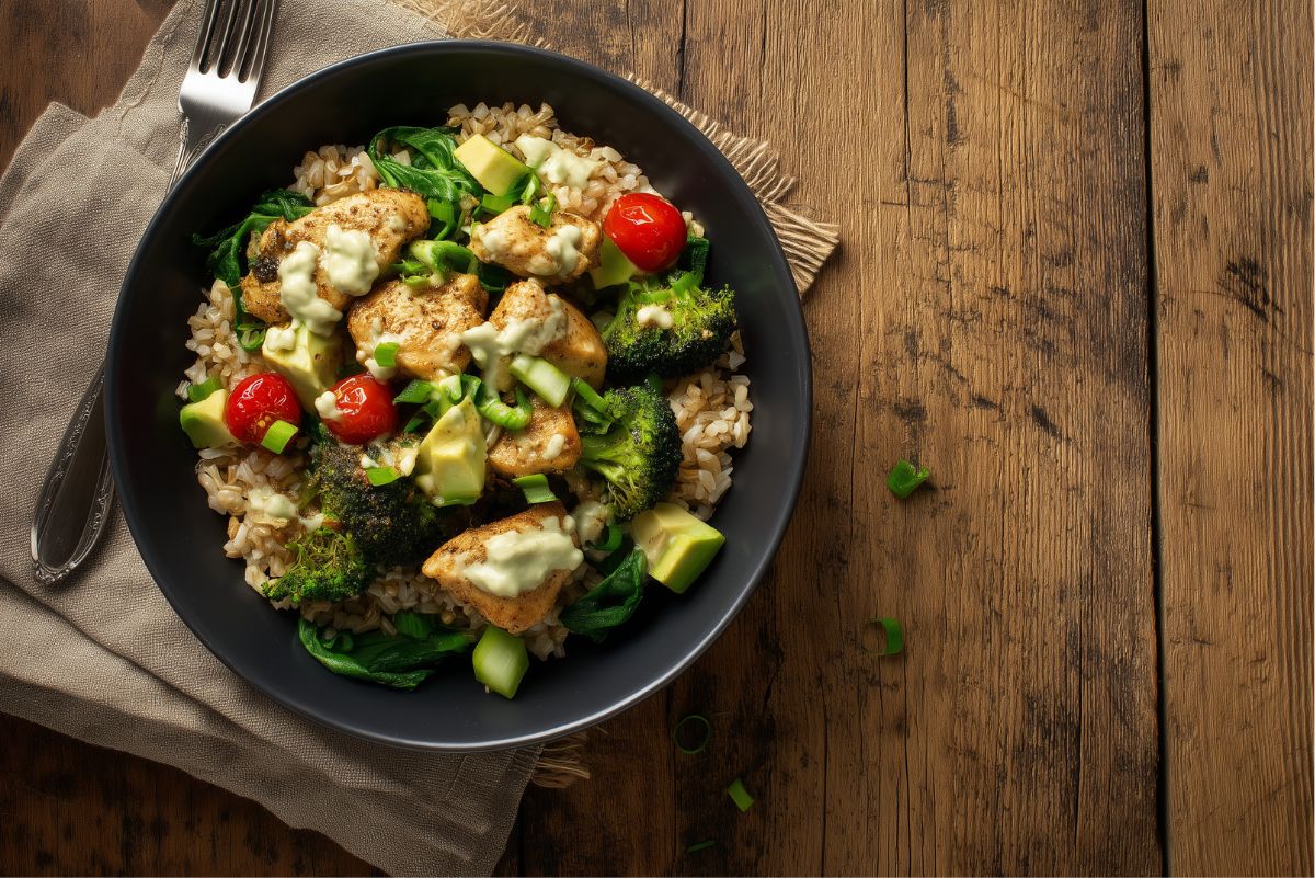 High protein chicken rice bowl with seasoned chicken breast, brown rice, broccoli, spinach, avocado, cherry tomatoes, green onions, and creamy dressing in a black bowl on a rustic wood table.