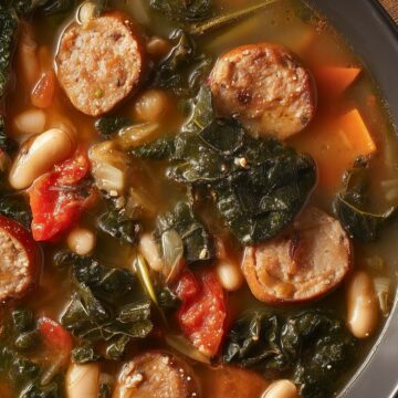 Overhead close-up of chicken sausage, white bean and kale soup in a black bowl, with browned sausage slices, cannellini beans, tender kale, carrots and tomatoes in a savory broth.