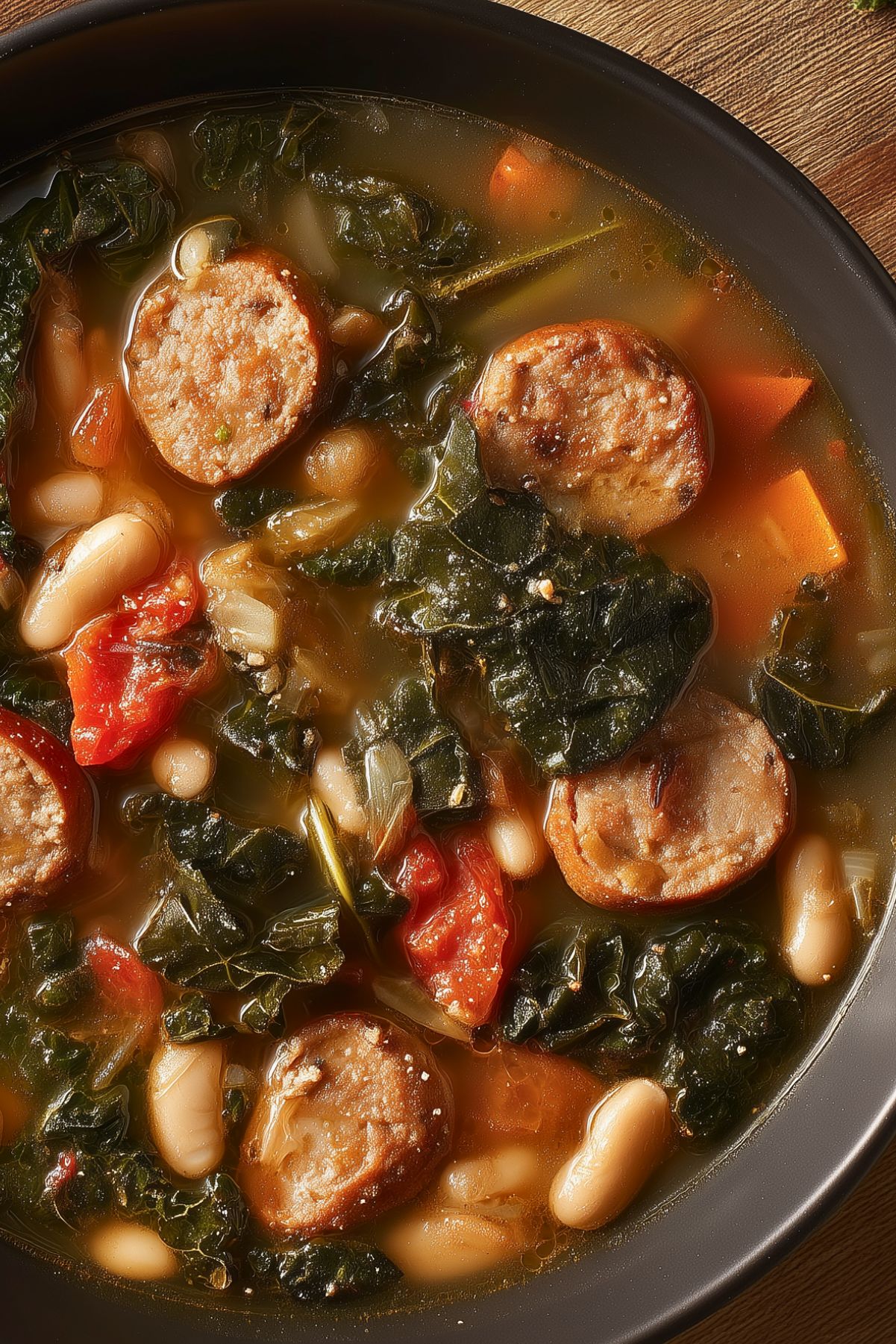 Overhead close-up of chicken sausage, white bean and kale soup in a black bowl, with browned sausage slices, cannellini beans, tender kale, carrots and tomatoes in a savory broth.