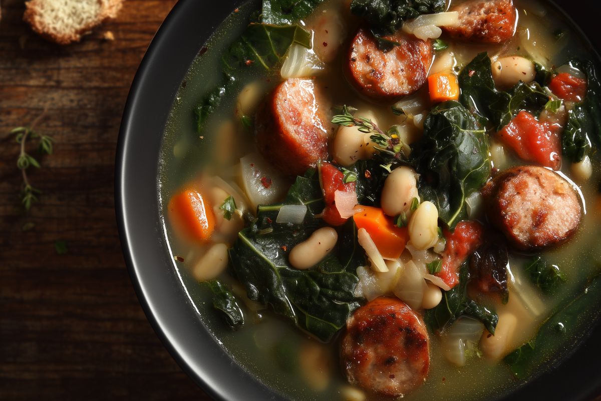 Overhead chicken sausage, white bean and kale soup with browned sausage slices, cannellini beans, tender kale, carrots, tomatoes and onions in a light savory broth, served in a black bowl on a rustic wood table.