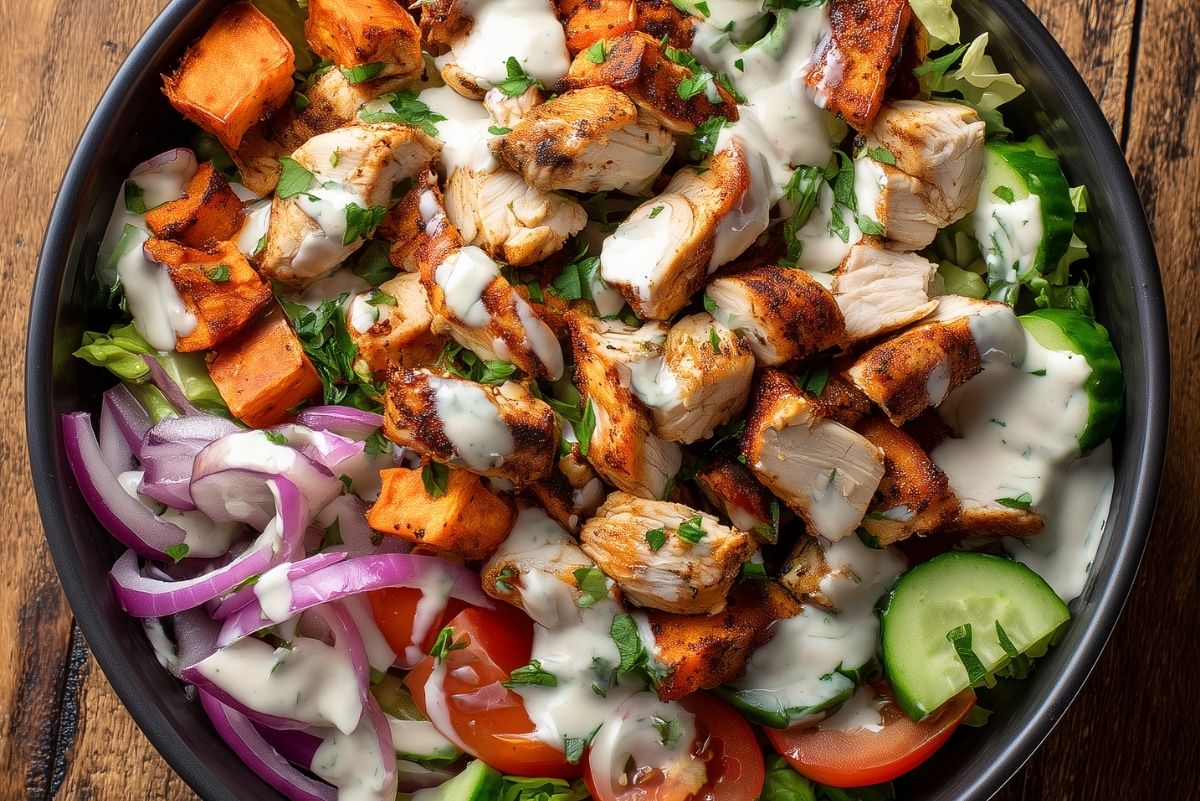 Close-up of a chicken shawarma sweet potato bowl with roasted chicken, sweet potatoes, cucumber, tomatoes, red onion, lettuce, herbs, and creamy sauce.