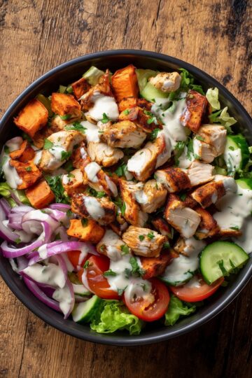 Overhead chicken shawarma sweet potato bowl with roasted chicken, sweet potato cubes, cucumber, tomatoes, red onion, lettuce, fresh herbs, and creamy sauce in a black bowl on rustic wood.