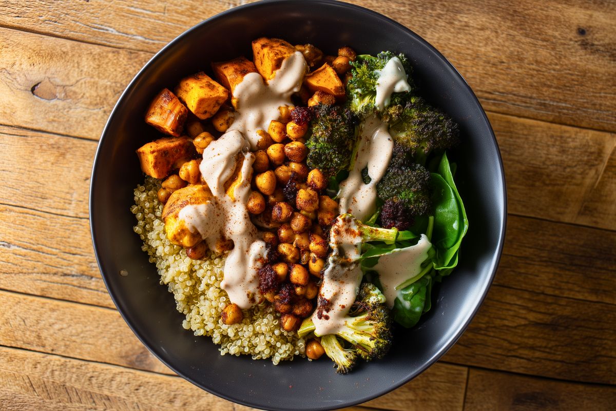 Chickpea Sweet Potato Protein Bowl with roasted sweet potatoes, crispy chickpeas, broccoli, quinoa, and fresh spinach, finished with a creamy drizzle in a black bowl on a rustic wood table.