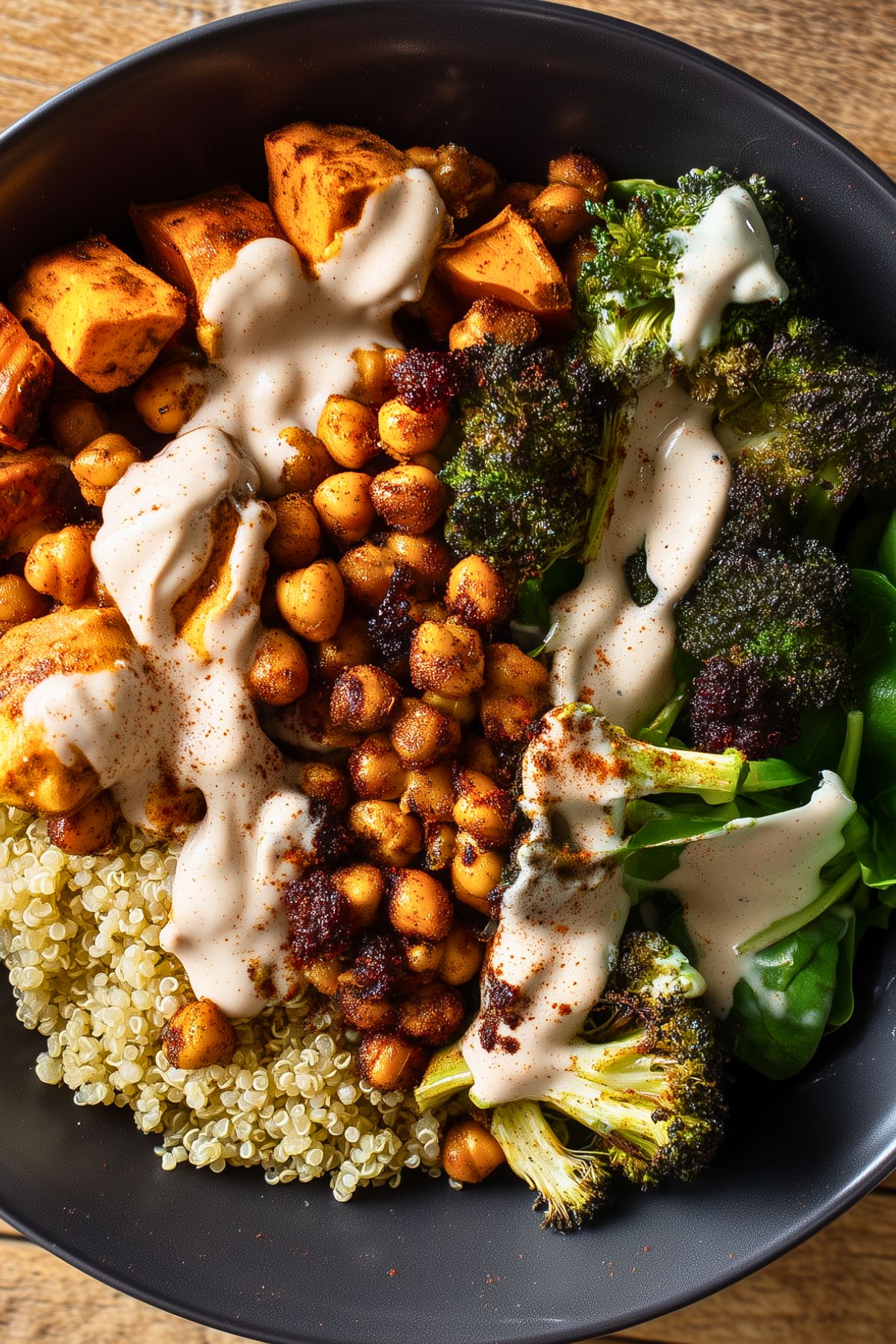 Chickpea Sweet Potato Protein Bowl with roasted sweet potatoes, crispy chickpeas, broccoli, quinoa, and fresh spinach in a black bowl, topped with a creamy sauce.