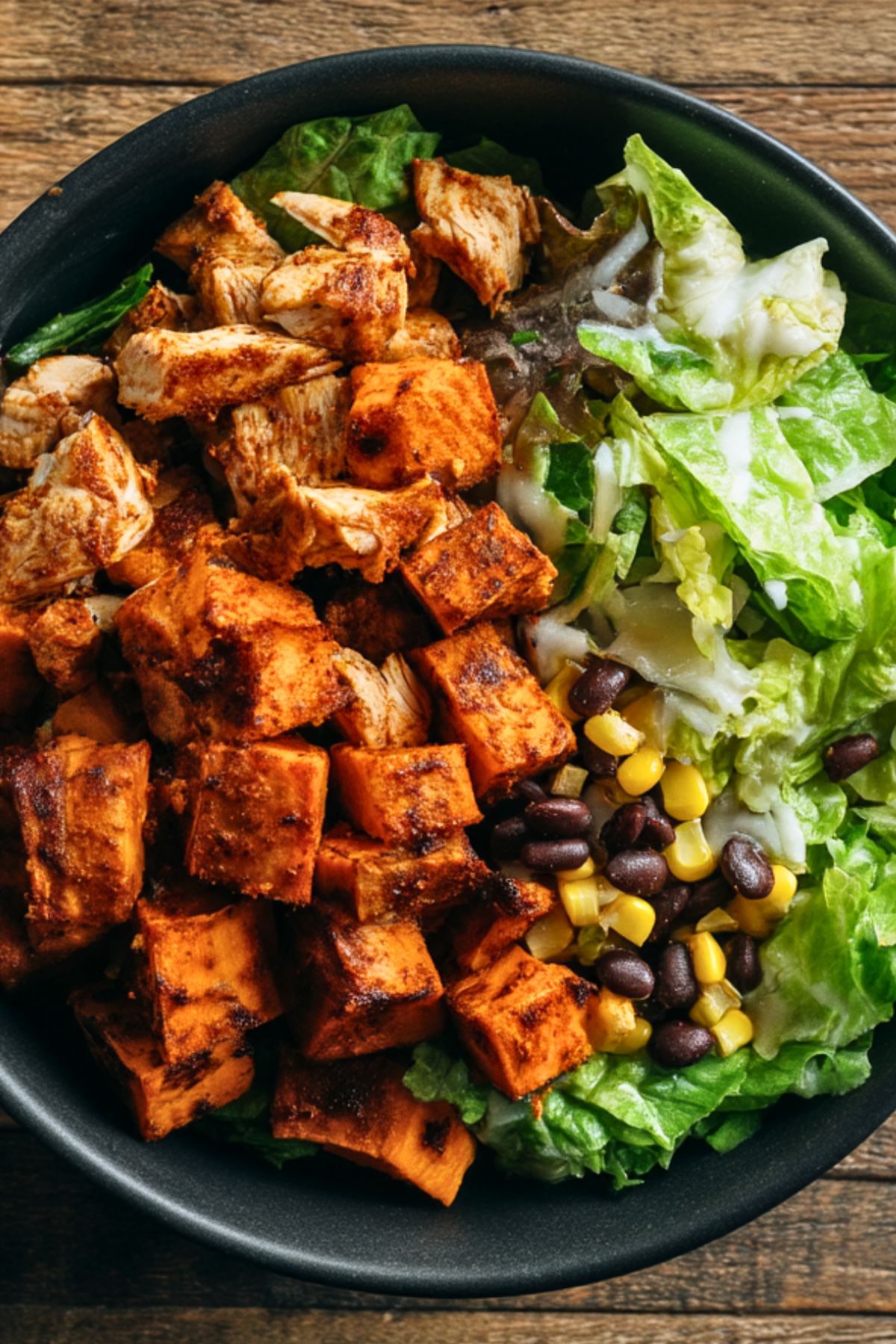 Chipotle chicken sweet potato bowl with seasoned chicken, roasted sweet potato cubes, black beans, corn, and crisp lettuce in a black bowl on a rustic wood table.