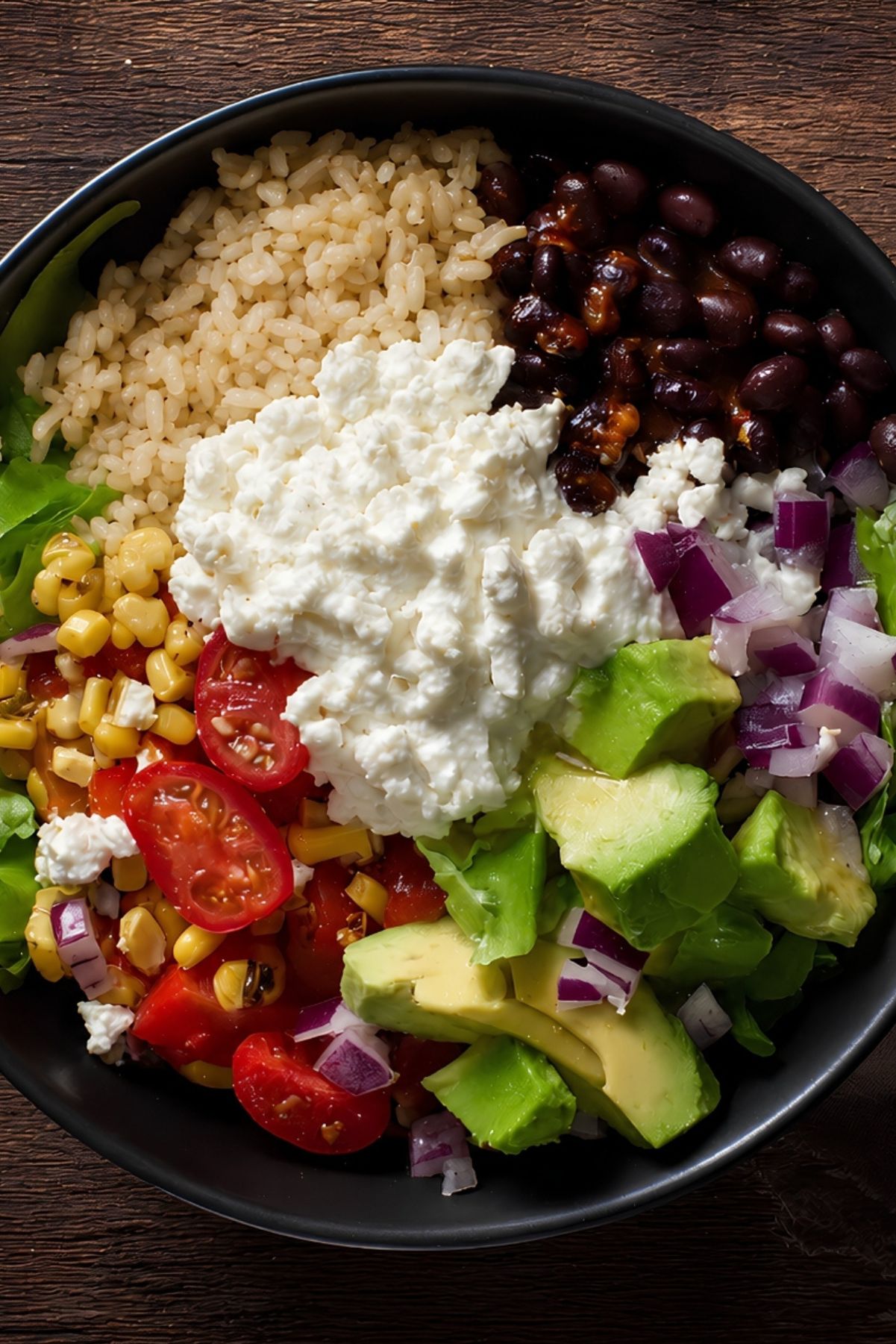 Overhead cottage cheese burrito bowl with brown rice, black beans, corn, romaine lettuce, cherry tomatoes, avocado, red onion, salsa, and a generous scoop of cottage cheese in a black bowl on a rustic wood table.