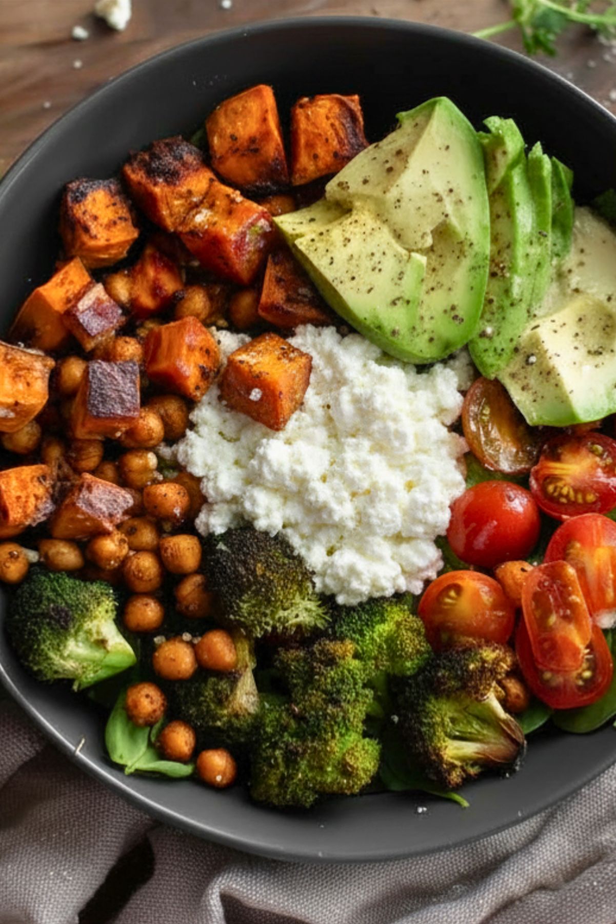 Cottage cheese sweet potato bowl with roasted sweet potatoes, crispy chickpeas, broccoli, cherry tomatoes, spinach, sliced avocado, and a generous scoop of creamy cottage cheese in a black bowl.