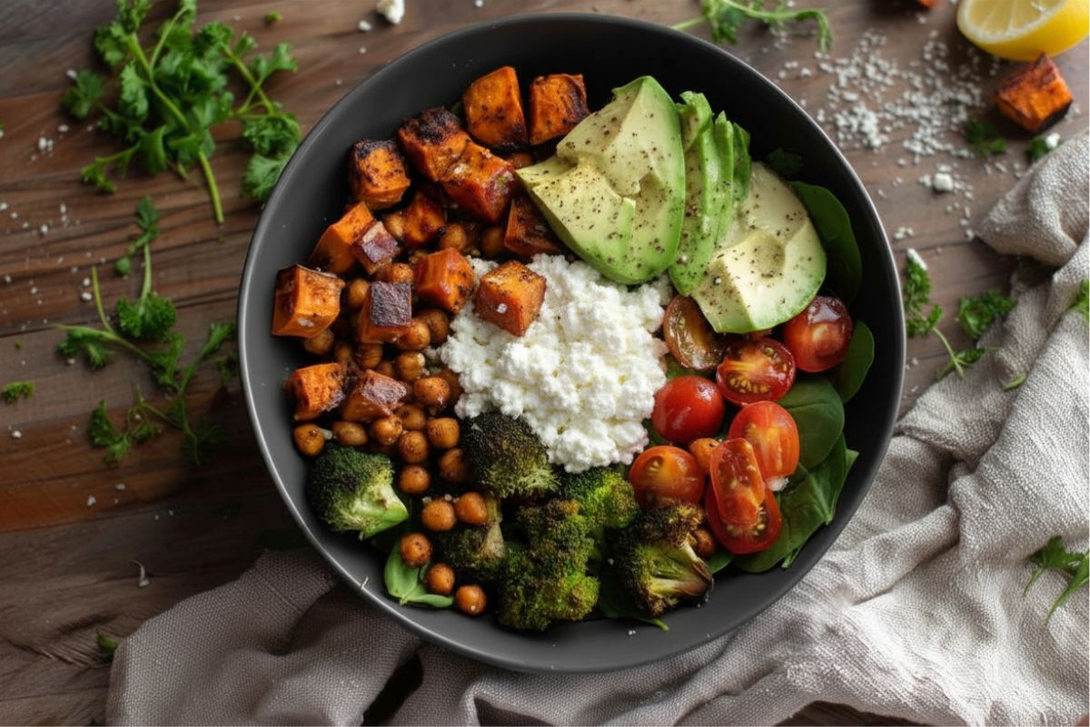 Cottage cheese sweet potato bowl with roasted sweet potatoes, chickpeas, broccoli, cherry tomatoes, spinach, sliced avocado, and creamy cottage cheese in a black bowl on a rustic wooden table.