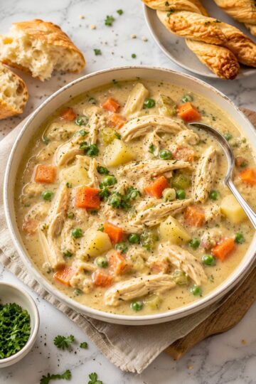 Creamy high protein chicken pot pie soup with shredded chicken, potatoes, carrots, peas, celery, and herbs in a rich creamy broth, served in a large bowl with rustic bread and puff pastry twists nearby.