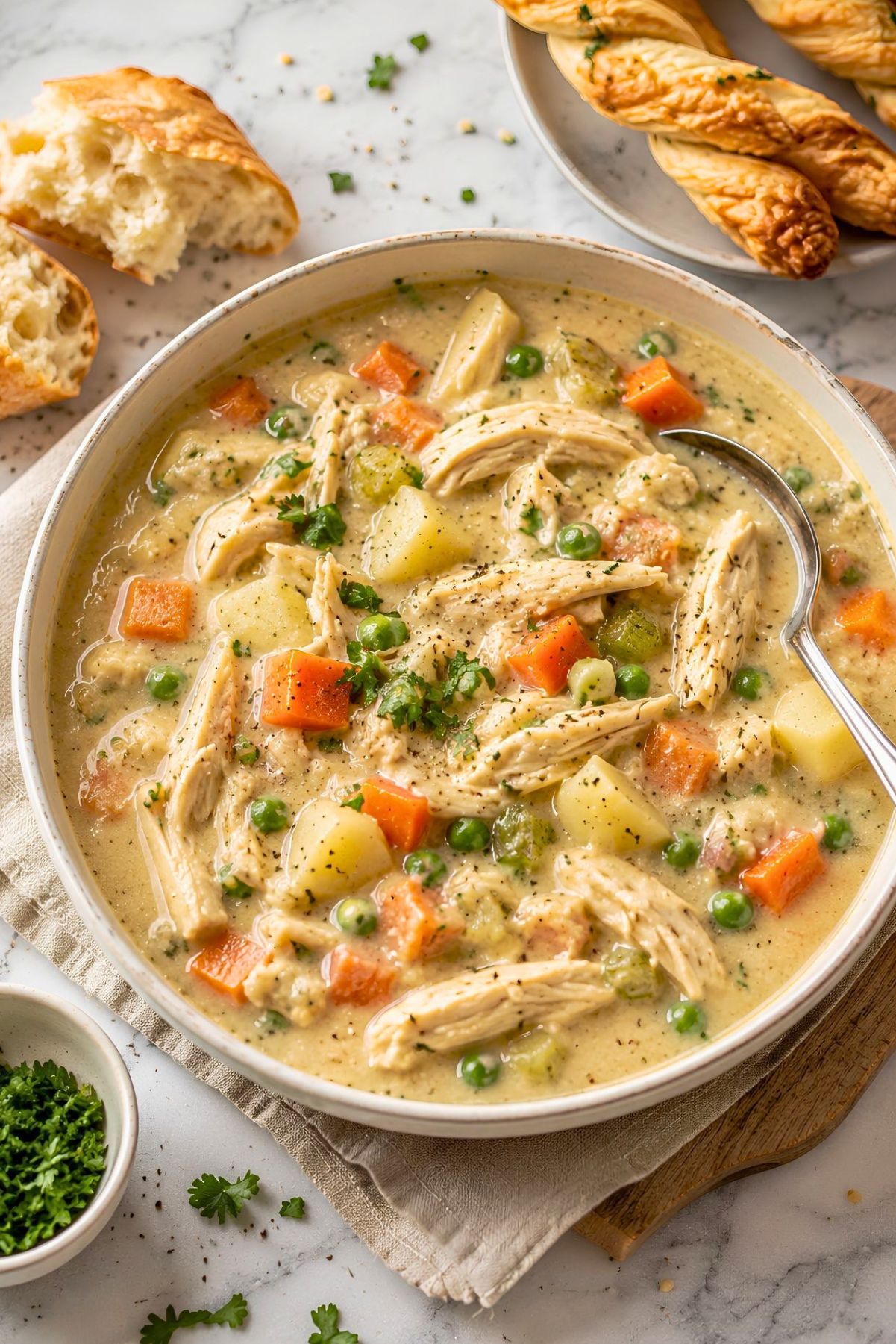 Creamy high protein chicken pot pie soup with shredded chicken, potatoes, carrots, peas, celery, and herbs in a rich creamy broth, served in a large bowl with rustic bread and puff pastry twists nearby.