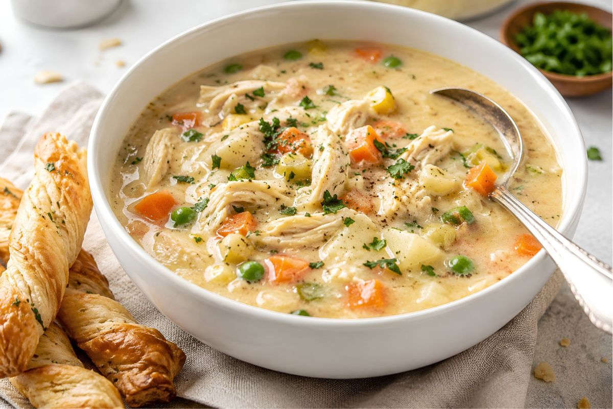 Creamy high protein chicken pot pie soup with shredded chicken, potatoes, carrots, peas, celery, and herbs in a thick creamy broth, served in a white bowl with golden puff pastry twists on the side.