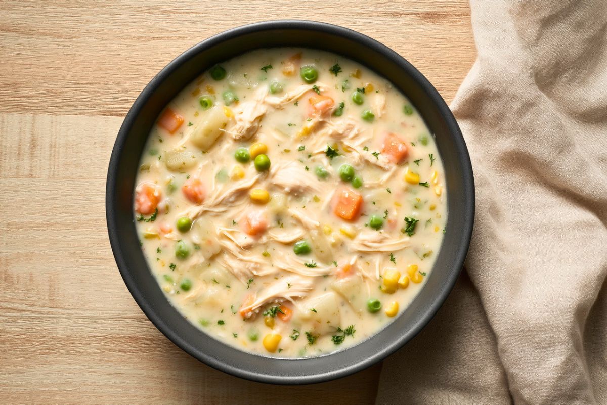 Creamy high protein chicken pot pie soup with shredded chicken, potatoes, carrots, peas, corn, and fresh herbs in a black bowl on a wooden table.