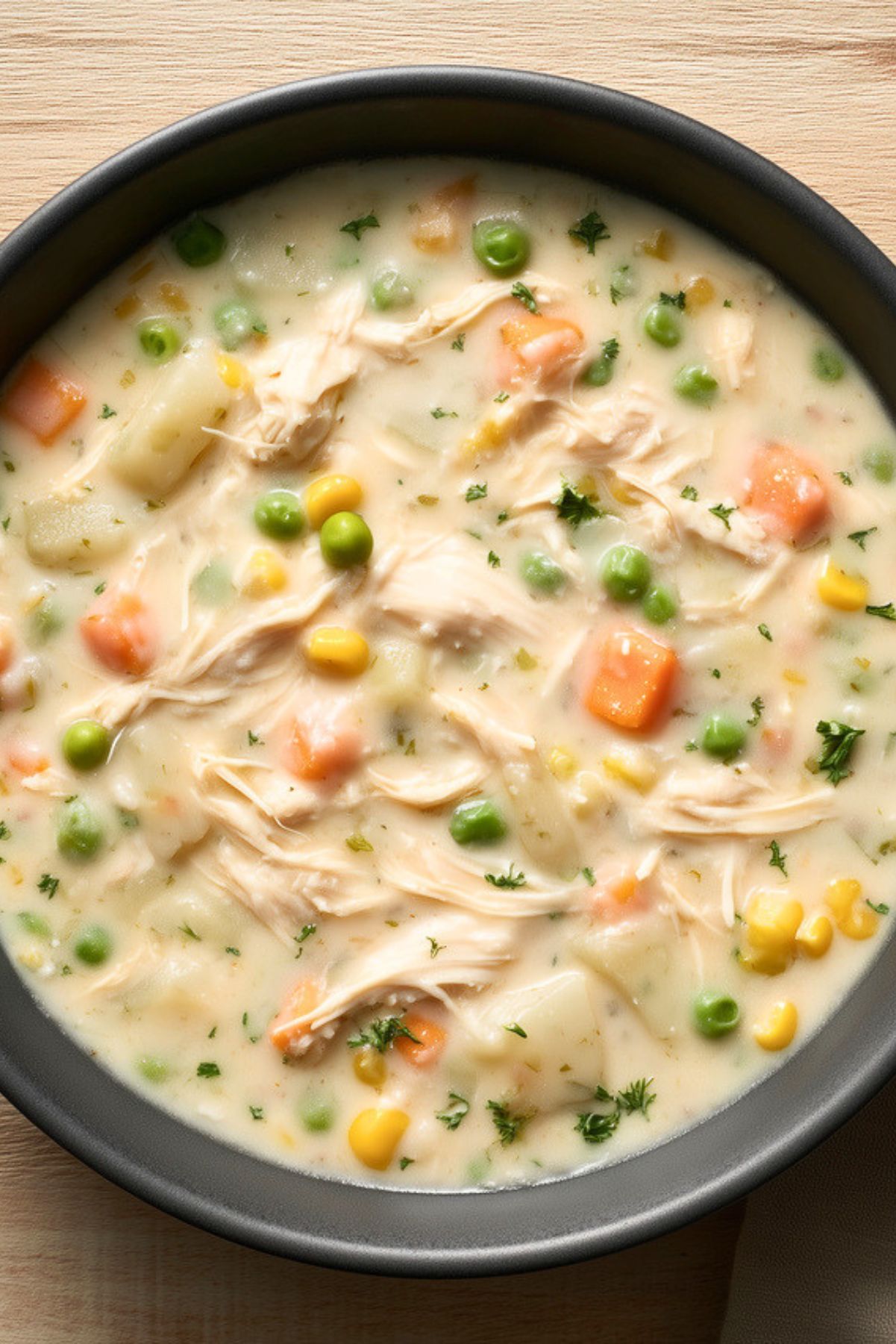 Creamy high protein chicken pot pie soup with shredded chicken, potatoes, carrots, peas, corn, and fresh herbs in a black bowl.