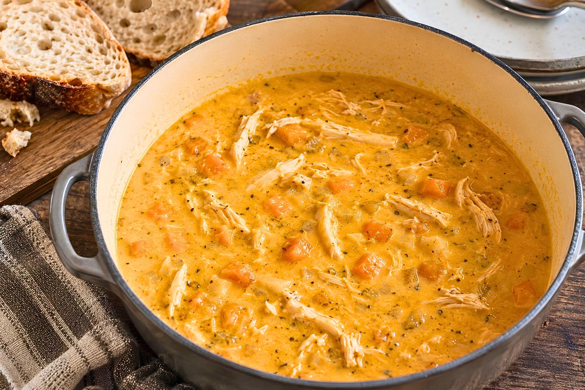Creamy pumpkin chicken soup with shredded chicken and chunks of carrots in a large Dutch oven, served beside slices of crusty bread on a rustic wooden table.
