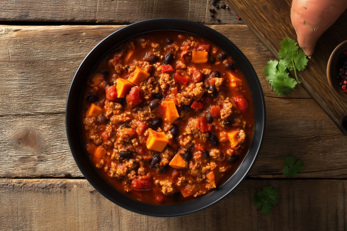 Crockpot turkey sweet potato chili with ground turkey, sweet potatoes, black beans, diced tomatoes, and red bell peppers in a black bowl.