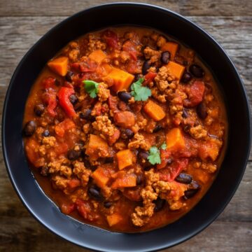 Slow cooker turkey sweet potato chili with ground turkey, black beans, sweet potatoes, tomatoes, red bell peppers, and fresh cilantro.
