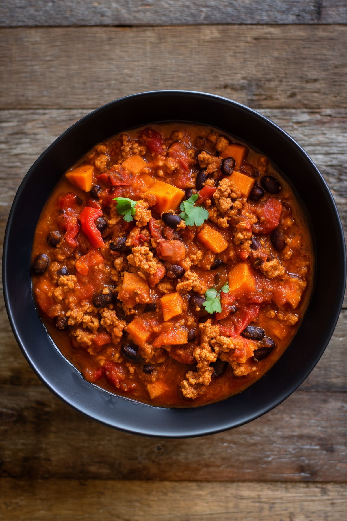 Slow cooker turkey sweet potato chili with ground turkey, black beans, sweet potatoes, tomatoes, red bell peppers, and fresh cilantro.
