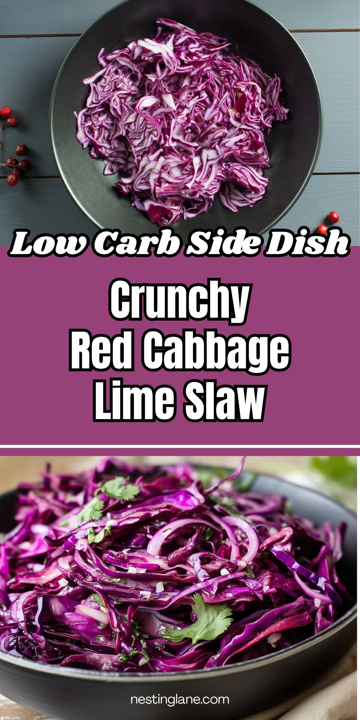 Crunchy red cabbage lime slaw with thinly sliced purple cabbage, red onion, and fresh cilantro in a black bowl. Text reads: “Low Carb Side Dish” and “Crunchy Red Cabbage Lime Slaw,” with nestinglane.com.