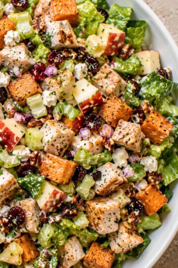 Fall Chicken Chopped Salad with grilled chicken, roasted sweet potatoes, crisp romaine, apples, celery, dried cranberries, pecans, feta cheese, and red onion tossed with creamy dressing.