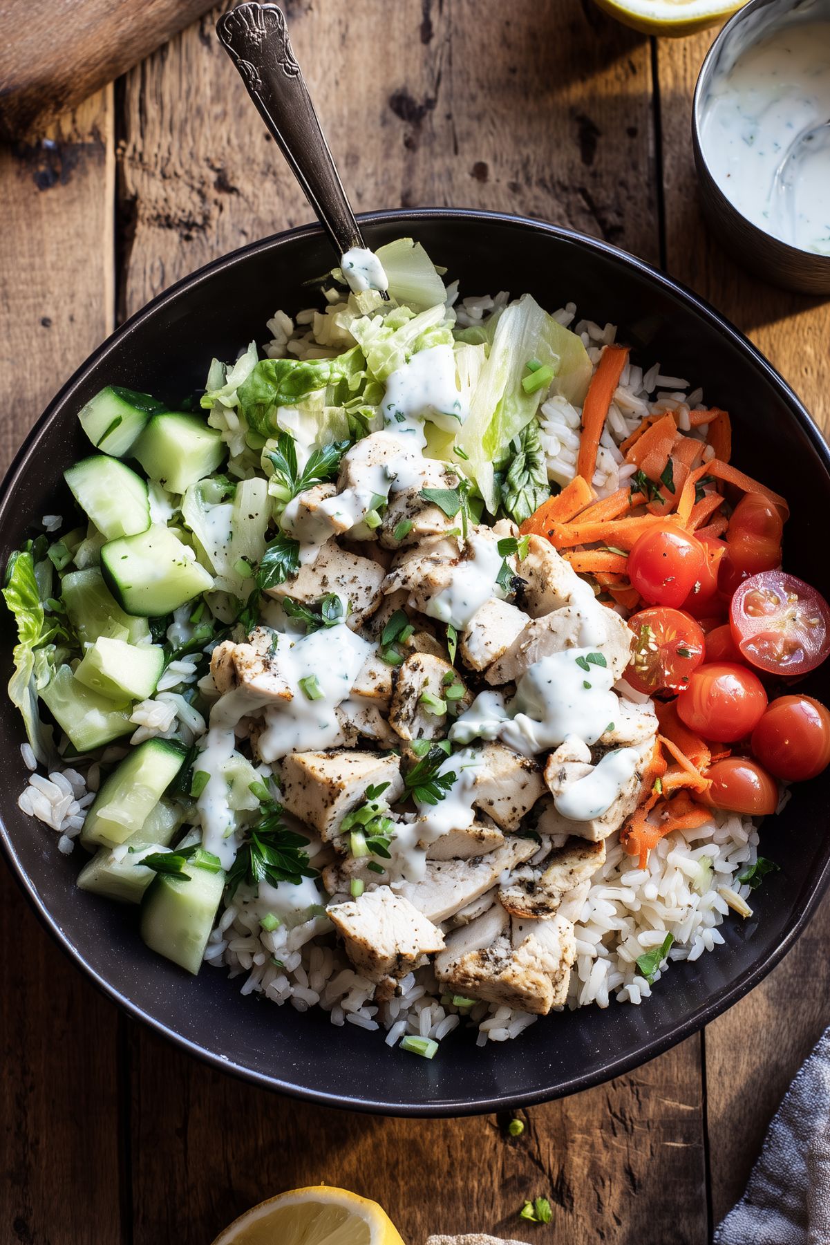 Garlic herb chicken and brown rice bowl with romaine, cucumber, carrots, cherry tomatoes, parsley, and creamy yogurt sauce, served with extra dressing and lemon.