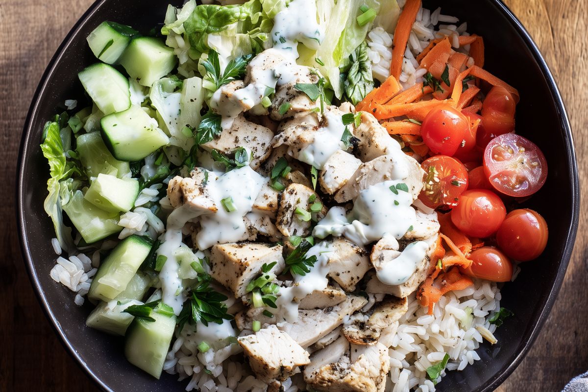 Overhead close-up of a garlic herb chicken bowl with brown rice, chopped romaine, cucumber, shredded carrots, cherry tomatoes, parsley, and creamy garlic herb yogurt sauce.