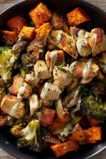 Garlic Parmesan chicken sweet potato bowl with roasted chicken breast, sweet potato chunks, broccoli, herbs, and creamy Parmesan sauce in a black bowl.