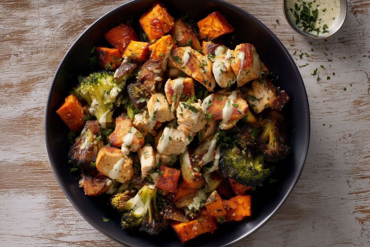 Garlic Parmesan chicken sweet potato bowl with roasted chicken, sweet potatoes, broccoli, herbs, and creamy Parmesan sauce in a black bowl on a rustic wood table.