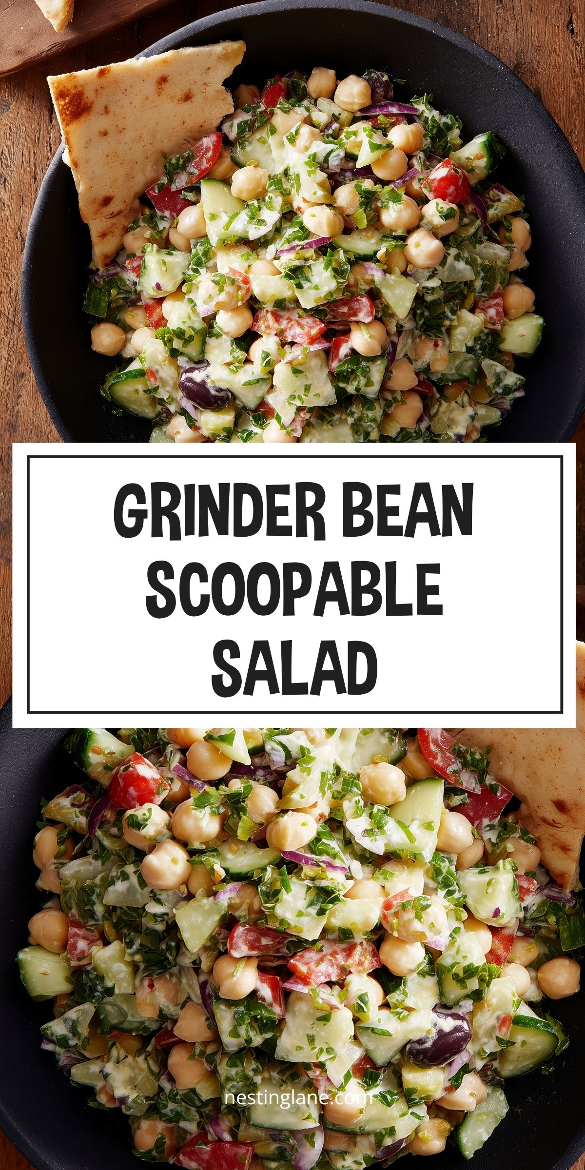Grinder bean scoopable salad with chickpeas, cucumber, tomatoes, red onion, olives, chopped greens, creamy dressing, and pita chips. Text reads “Grinder Bean Scoopable Salad” and “nestinglane.com.”