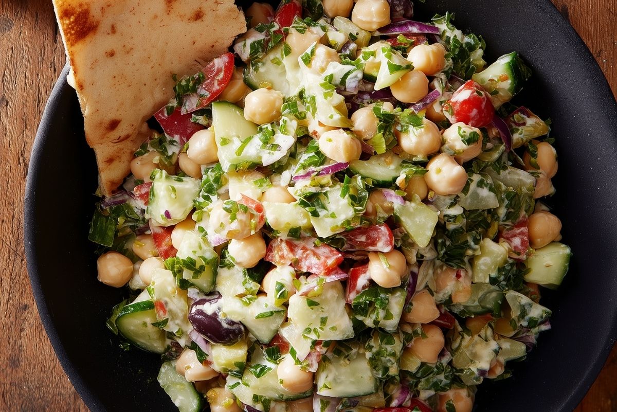 Overhead close-up of grinder bean scoopable salad with chickpeas, chopped cucumber, tomatoes, red onion, olives, greens, creamy dressing, and a pita chip in a black bowl.