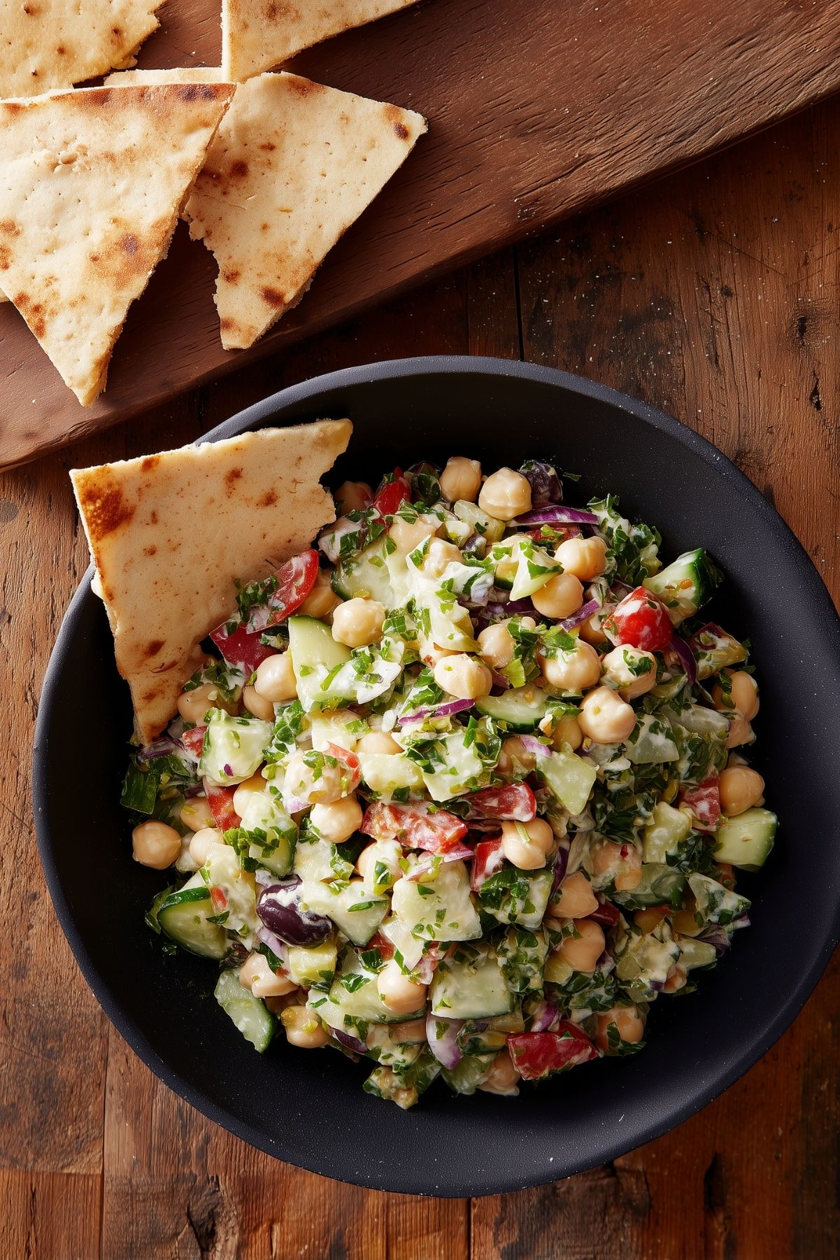 Grinder bean scoopable salad with chickpeas, cucumber, tomatoes, red onion, olives, chopped greens, and creamy dressing in a black bowl. Pita chips sit in the bowl and on a wooden board.