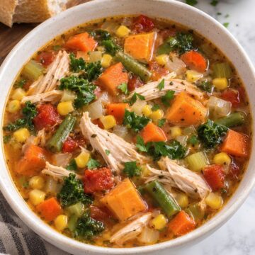 Harvest Chicken Vegetable Soup with shredded chicken, sweet potatoes, carrots, green beans, corn, kale, tomatoes, celery, and onions in a savory herb broth, served in a white bowl with rustic bread and fresh parsley.
