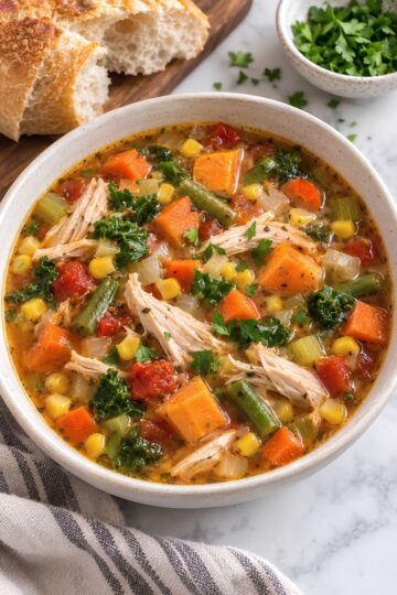 Harvest Chicken Vegetable Soup with shredded chicken, sweet potatoes, carrots, green beans, corn, kale, tomatoes, celery, and onions in a savory herb broth, served in a white bowl with rustic bread and fresh parsley.