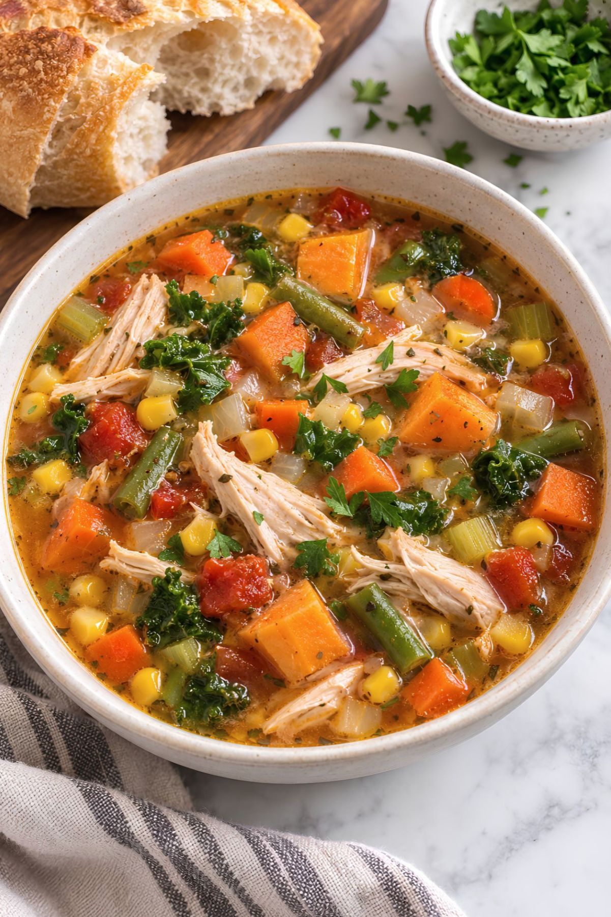 Harvest Chicken Vegetable Soup with shredded chicken, sweet potatoes, carrots, green beans, corn, kale, tomatoes, celery, and onions in a savory herb broth, served in a white bowl with rustic bread and fresh parsley.