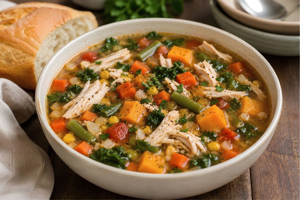 Harvest Chicken Vegetable Soup with shredded chicken, sweet potatoes, carrots, green beans, corn, kale, tomatoes, celery, and onions in a savory herb broth, served in a white bowl with crusty bread on a rustic wooden table.