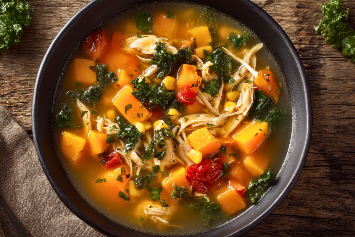 Harvest chicken vegetable soup with shredded chicken, sweet potatoes, kale, corn, and tomatoes in a black bowl on a rustic wooden table.