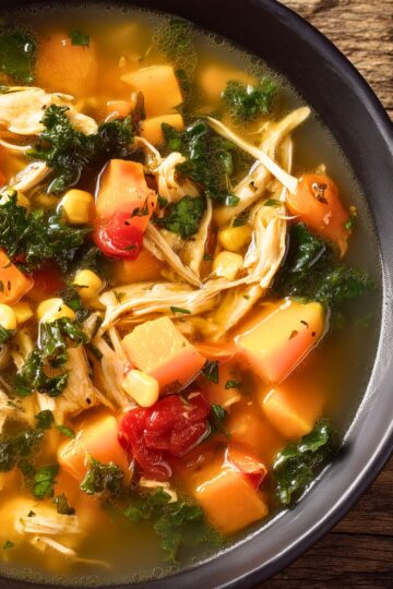 Close-up of harvest chicken vegetable soup with shredded chicken, sweet potatoes, kale, corn, and tomatoes in golden broth.