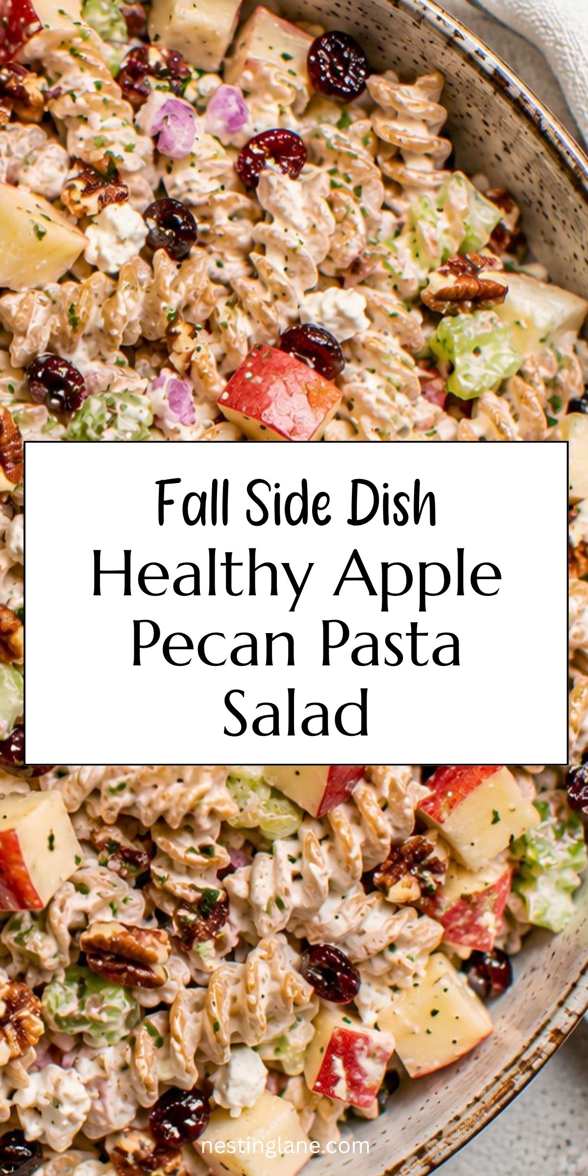 Creamy healthy apple pecan pasta salad with whole wheat rotini, chopped apples, celery, red onion, dried cranberries, pecans, and feta. Text reads: “Fall Side Dish Healthy Apple Pecan Pasta Salad” and “nestinglane.com.”