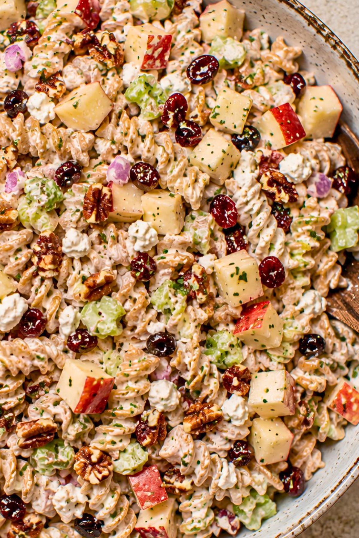 Creamy healthy apple pecan pasta salad with whole wheat rotini, chopped red apples, celery, dried cranberries, pecans, red onion, feta cheese, and herbs in a creamy dressing.