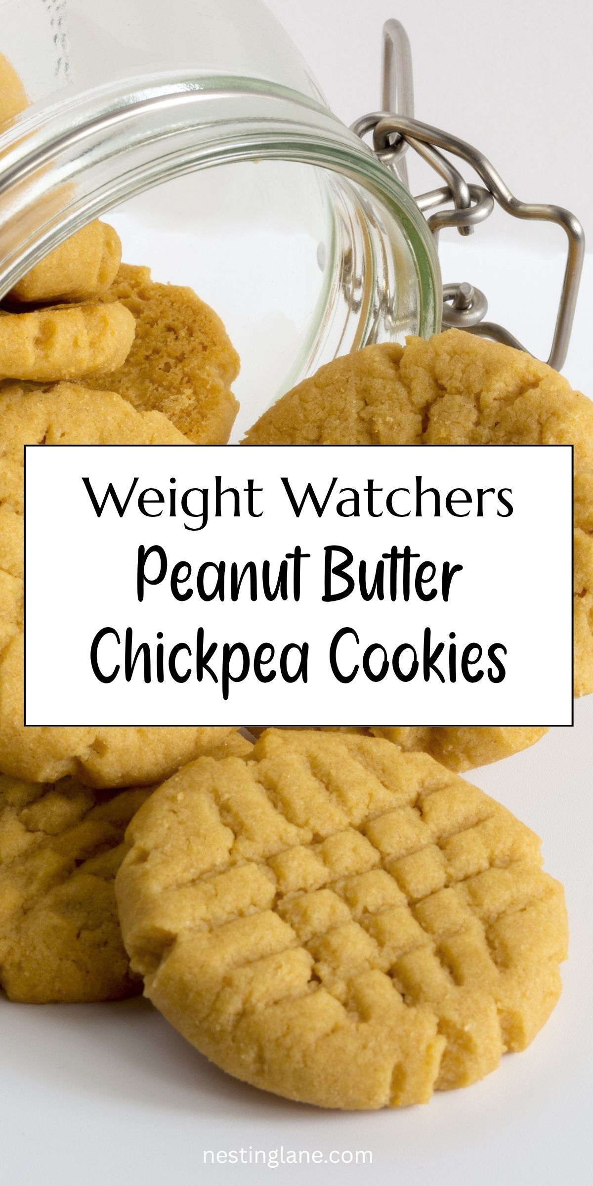 Golden peanut butter chickpea cookies with fork-marked tops beside an open glass jar. Text reads: “Weight Watchers Peanut Butter Chickpea Cookies” and “nestinglane.com.”