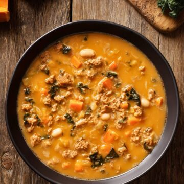 Overhead view of butternut squash turkey soup in a black bowl with ground turkey, kale, carrots, white beans, and a rich orange broth on rustic wood.