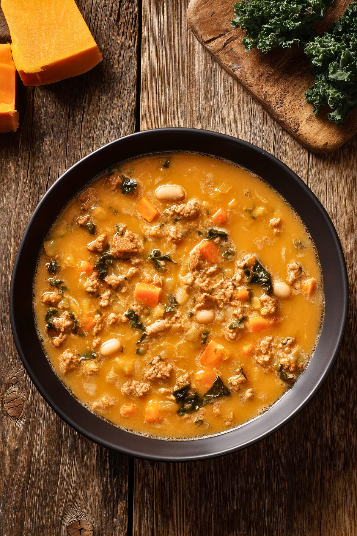 Overhead view of butternut squash turkey soup in a black bowl with ground turkey, kale, carrots, white beans, and a rich orange broth on rustic wood.