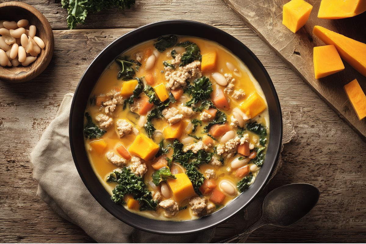High protein butternut squash turkey soup in a black bowl with ground turkey, orange squash, kale, carrots, and white beans on a rustic wood table.